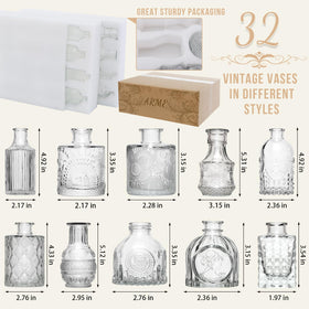 Arme small clear vases with etched patterns highlight flower textures.
