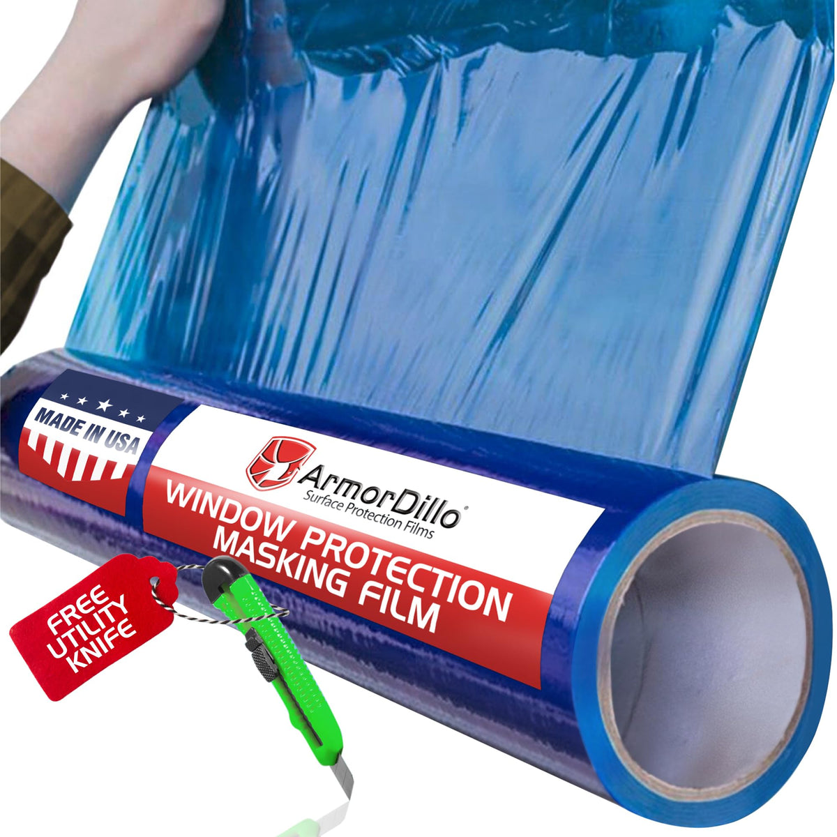 ArmorDillo blue window film protecting glass during painting tasks.