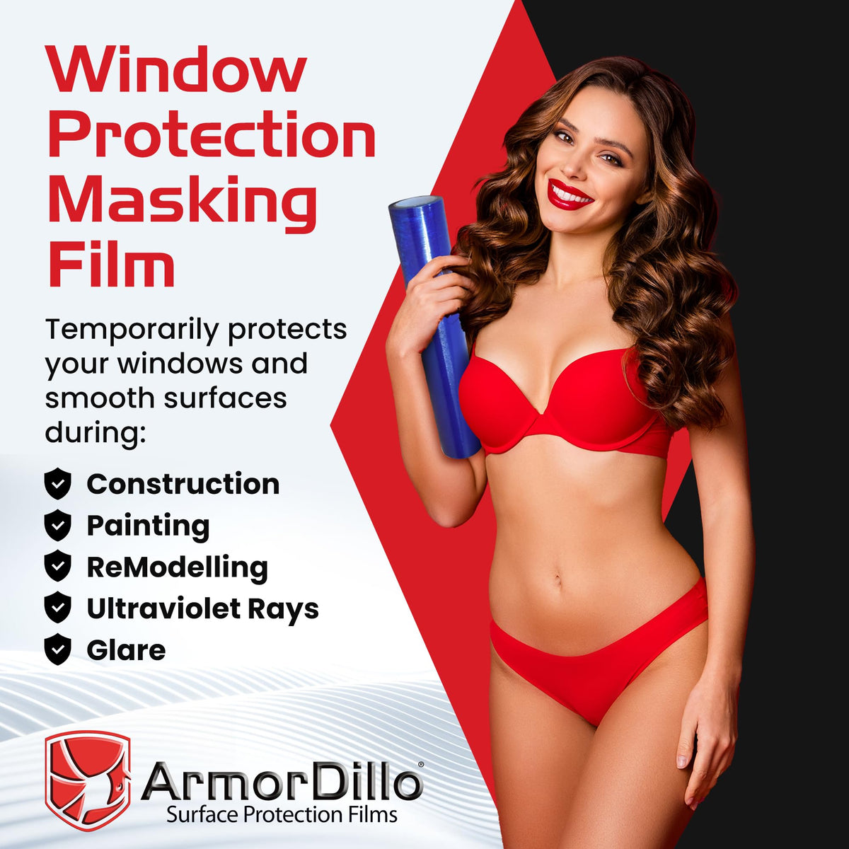 ArmorDillo tear-resistant film guarding glass from dust and overspray.