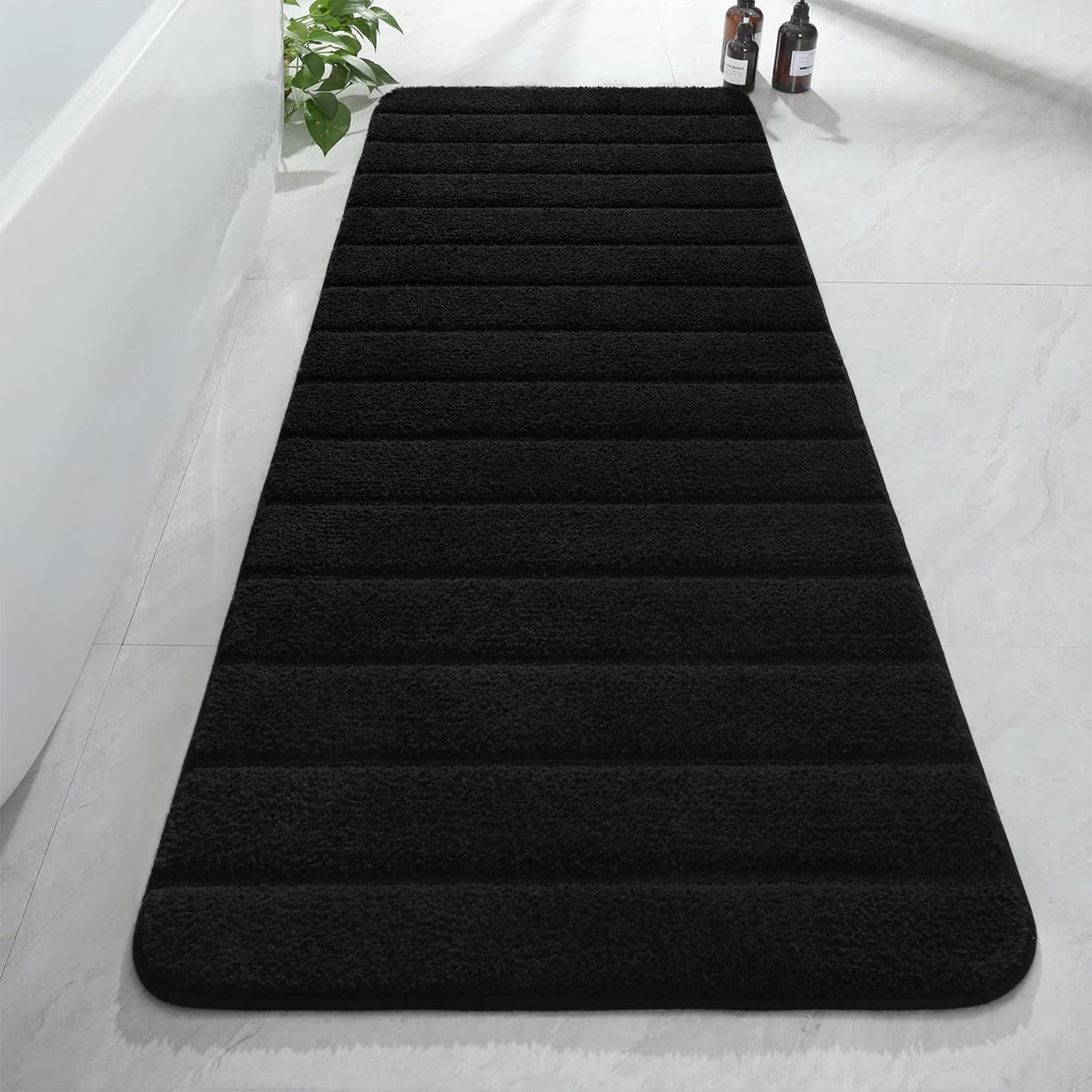 AROGAN luxury long bathroom runner in black with plush microfiber for soft feet.