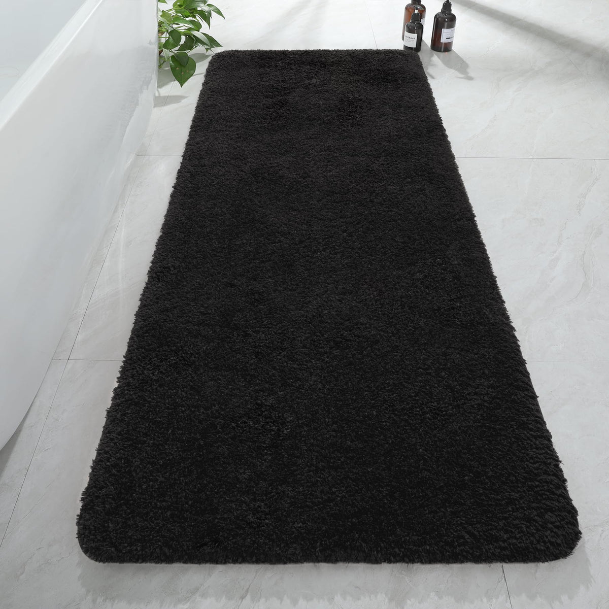 AROGAN luxury long bathroom runner rug in black with soft microfiber for cozy feet.