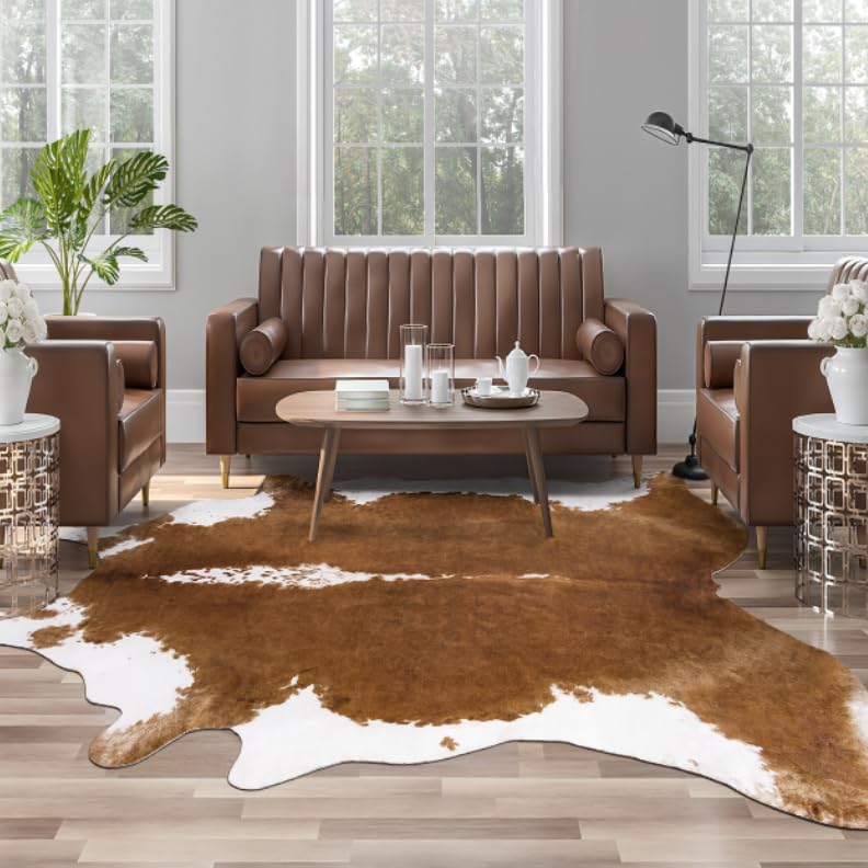AROGAN Premium Faux Cowhide Rug front view highlights soft texture and rich brown color.