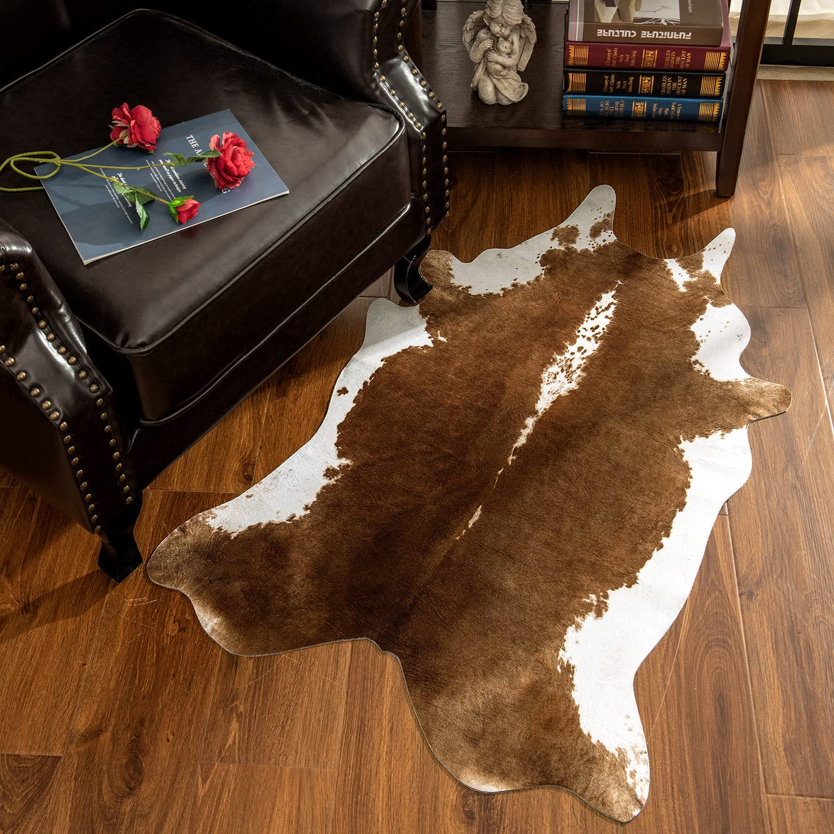 AROGAN Premium Faux Cowhide Rug non-slip back keeps furniture in place on hardwood.
