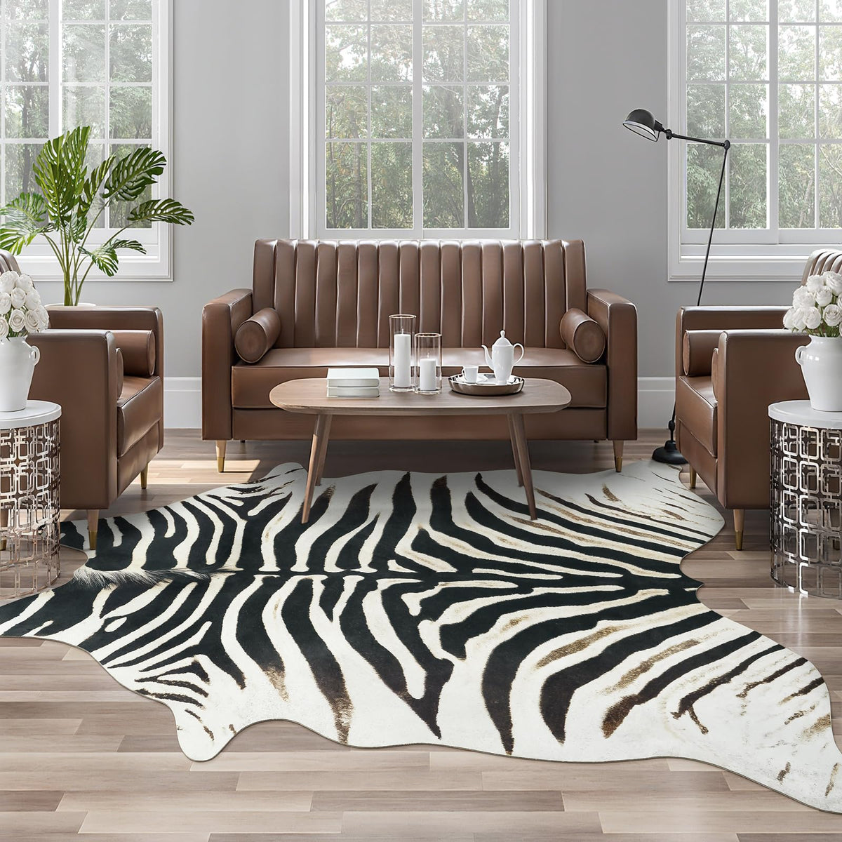 AROGAN Western faux fur zebra rug front view highlights soft texture and bold black-and-white pattern.