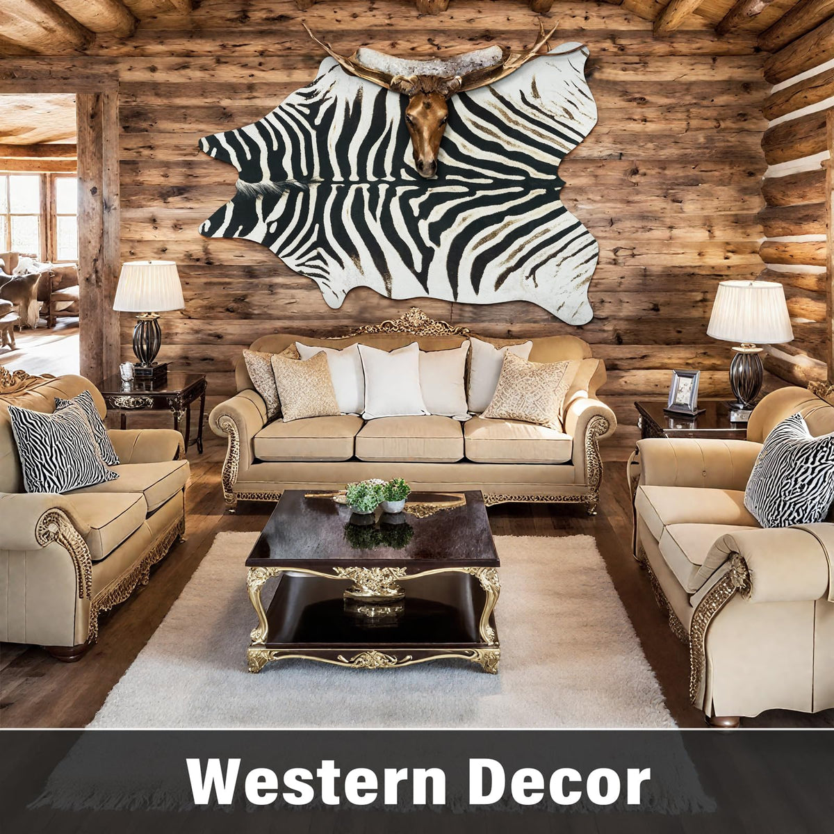 AROGAN zebra rug fireplace scene conveys cozy warmth and dramatic focal point.