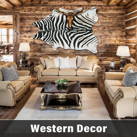 AROGAN zebra rug fireplace scene conveys cozy warmth and dramatic focal point.