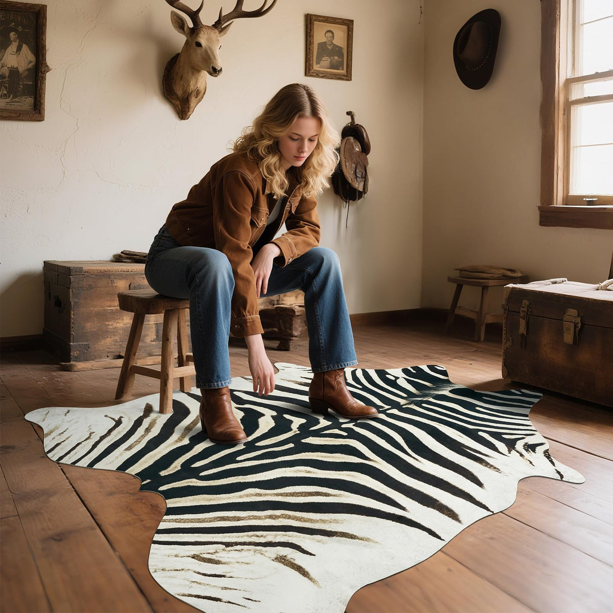 AROGAN zebra rug texture close-up reveals soft, dense fibers and detailed print.