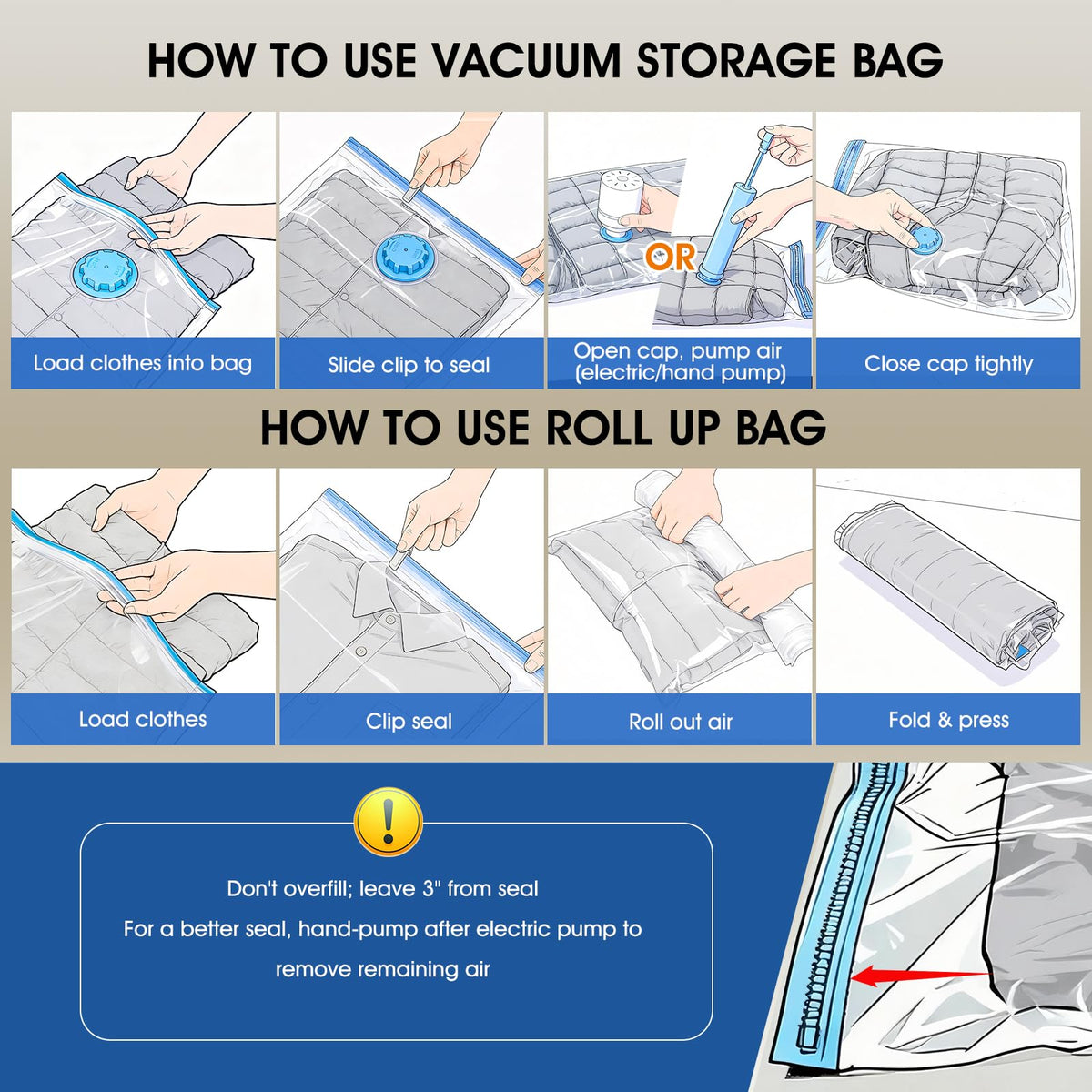 AROIC roll-up bags roll up to compress air without a pump