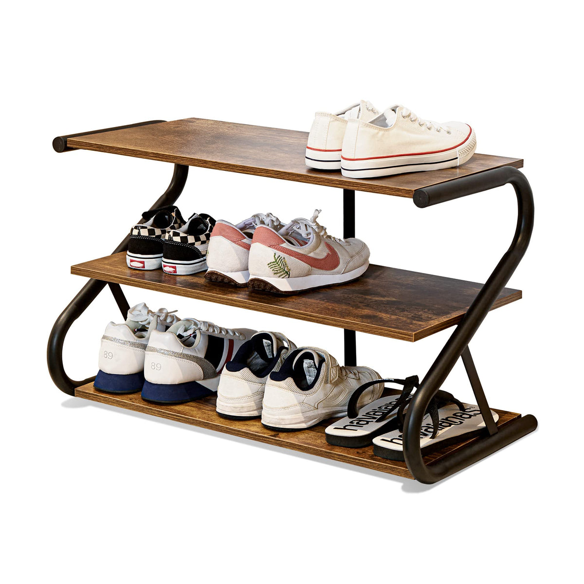 Aroktake 3-Tier S-Shaped Shoe Rack front view highlighting compact entryway storage.