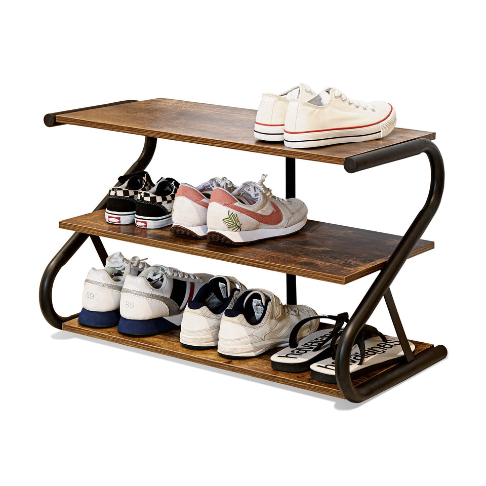 Aroktake 3-Tier S-Shaped Shoe Rack front view highlighting compact entryway storage.