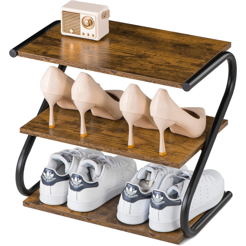 Aroktake Small 3-Tier Shoe Rack front view shows sturdy wood and metal construction for organized footwear