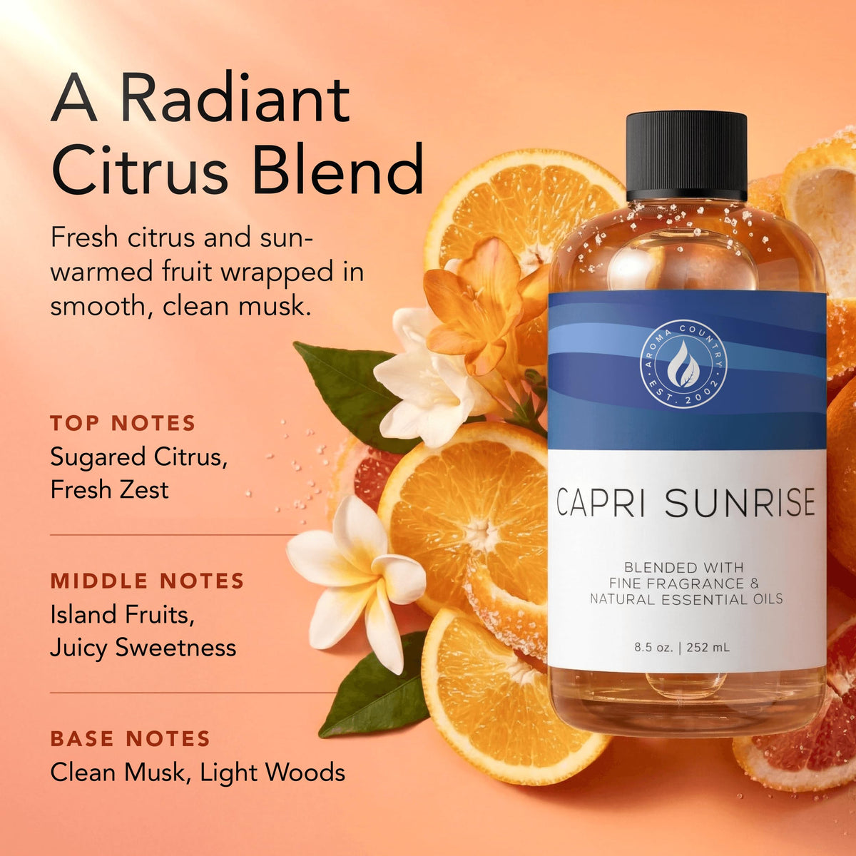 Aroma Country Capri Sunrise diffuser drops close-up for precise, easy refills.
