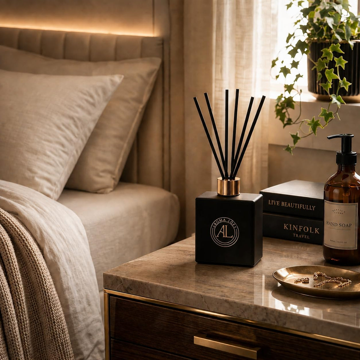 Aroma Loft black matte glass bottle with reeds adding modern decor to rooms