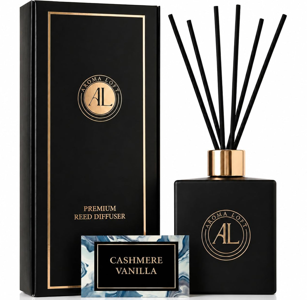 Aroma Loft black reed diffuser bottle with sticks for flame-free, long-lasting fragrance