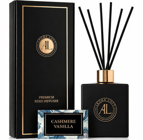 Aroma Loft black reed diffuser bottle with sticks for flame-free, long-lasting fragrance