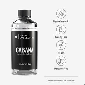 Aroma360 Cabana fragrance label shows marine, jasmine, bergamot notes for refreshing rooms.