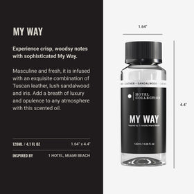 Aroma360 Hotel Collection My Way oil in a diffuser setup in a refined bedroom