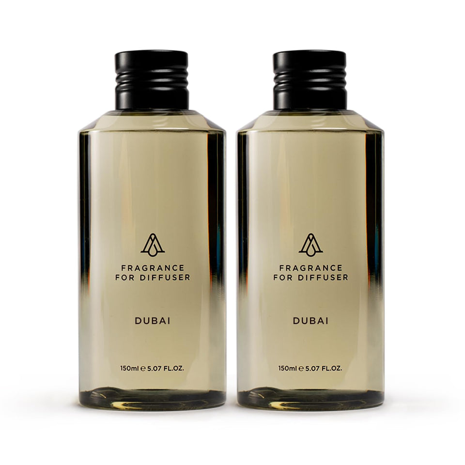 AROMAPLAN Dubai 2-pack bottle front view, premium fragrance for hotel lobbies and guest rooms.