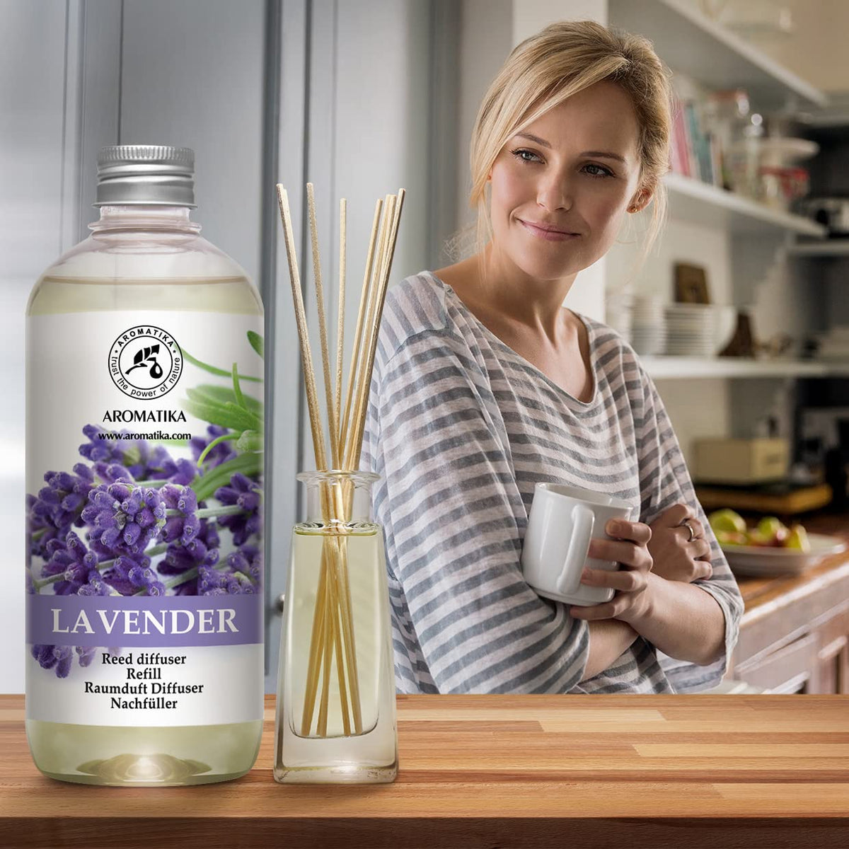 AROMATIKA Lavender Diffuser Bottle with Sticks ready to install.