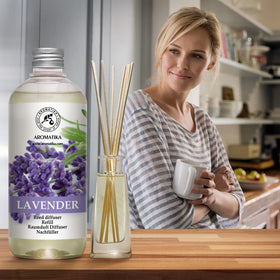 AROMATIKA Lavender Diffuser Bottle with Sticks ready to install.