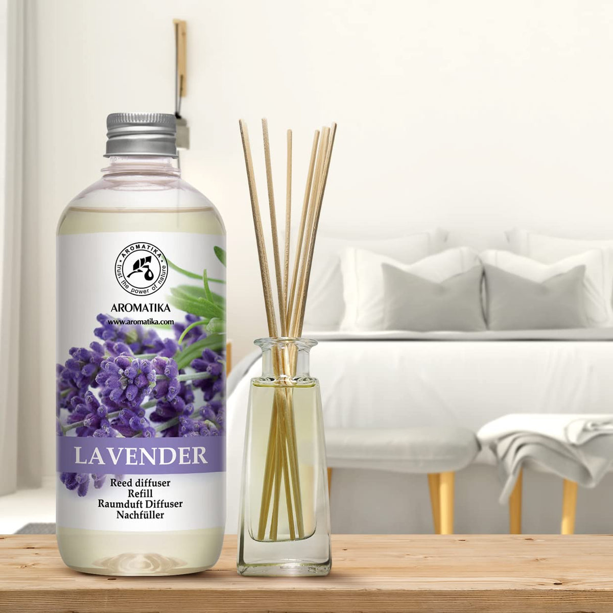 AROMATIKA Lavender Diffuser Refill Packaging with label and 500ml capacity.