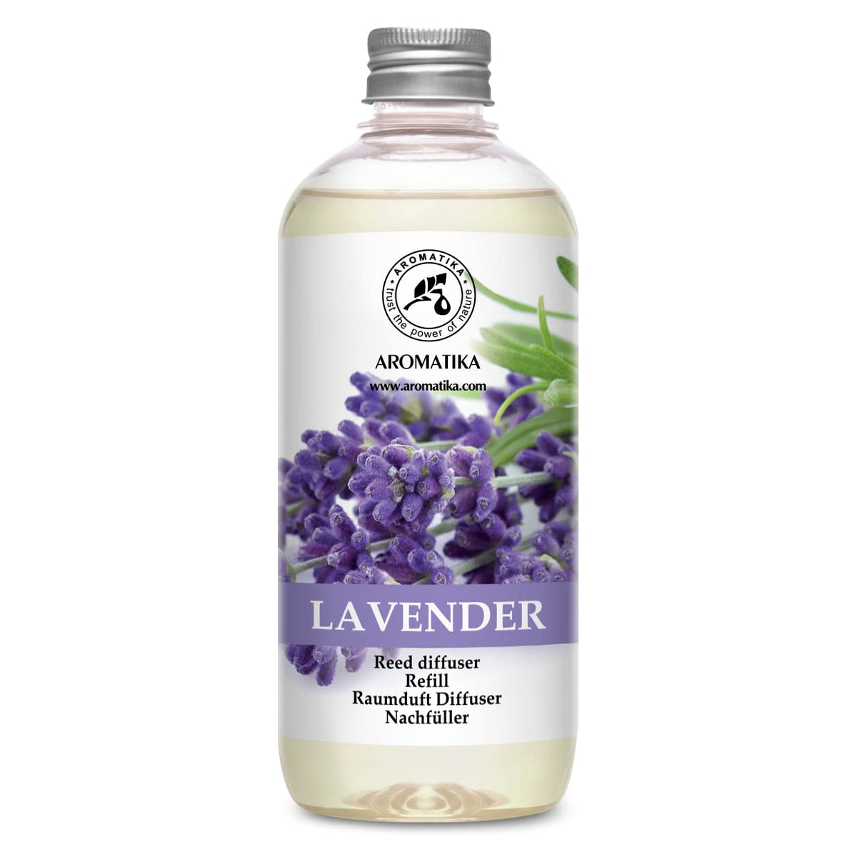 AROMATIKA Lavender Reed Diffuser Refill 500ml bottle for long lasting calm fragrance.