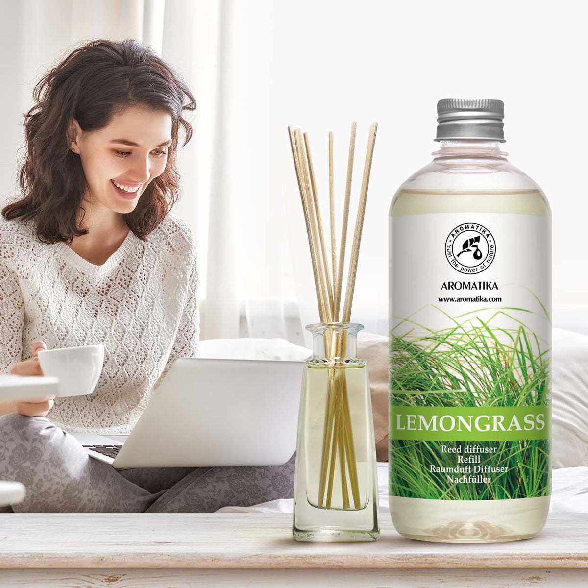 AROMATIKA lemongrass reed diffuser refill in hotel lobby area