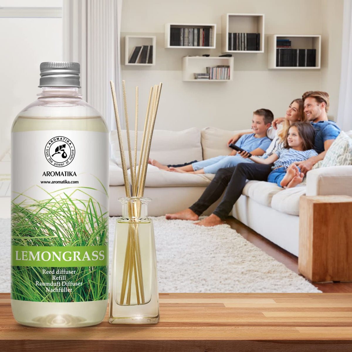 AROMATIKA lemongrass reed diffuser refill on an office desk
