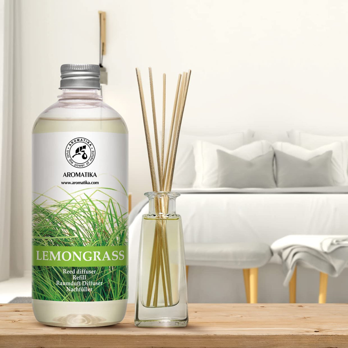 AROMATIKA lemongrass reed diffuser refill used in a spa or salon