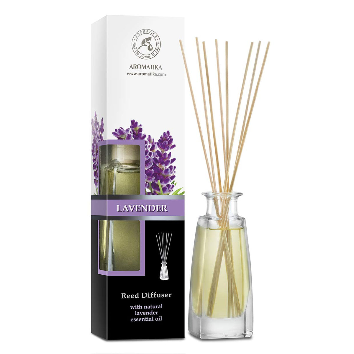 AROMATIKA lavender reed diffuser bottle releasing scent for a calm room ambiance
