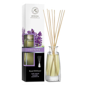 AROMATIKA lavender reed diffuser bottle releasing scent for a calm room ambiance