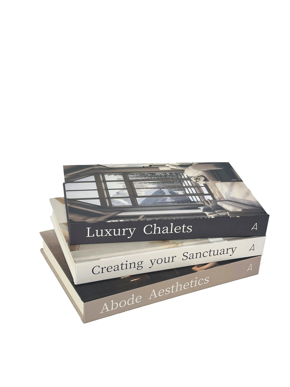 Array & Arrow decorative book set—three covers closeup, adding sophisticated home decor.