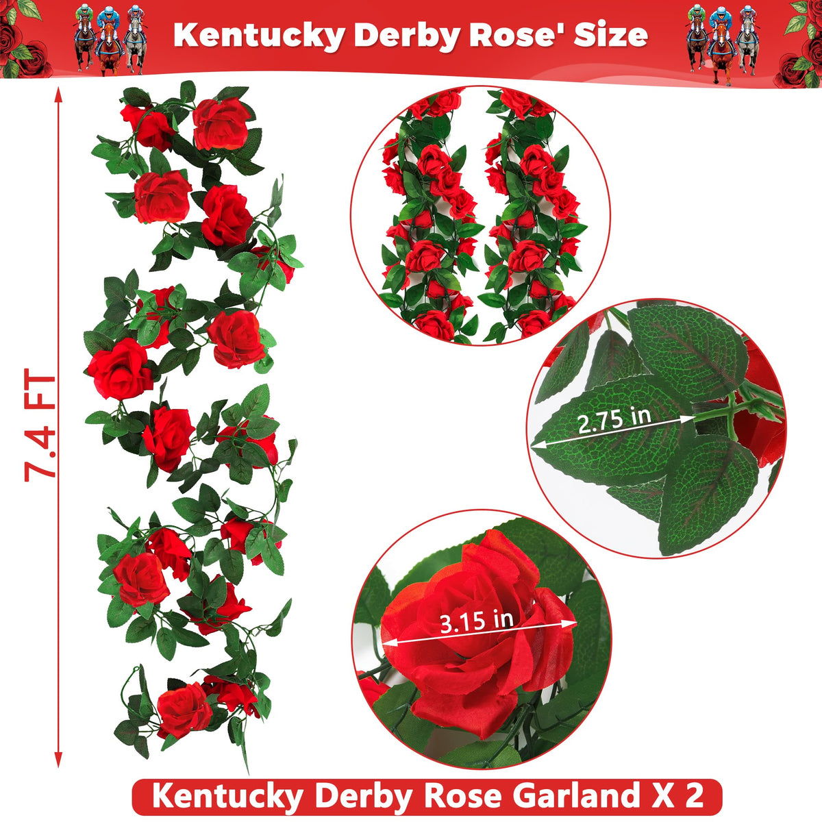 Arrowom Derby Day roses garland close-up shows lifelike petals for elegant home styling.