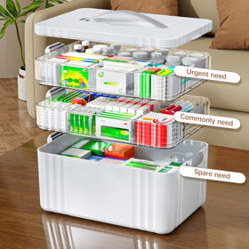 ARSTPEOE organizer with tray layers reveals nine compartments for pills and small supplies