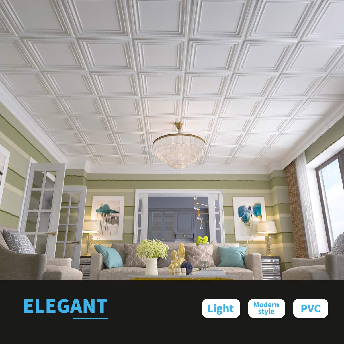 Art3d PVC ceiling tiles white closeup reveals subtle 3D texture.