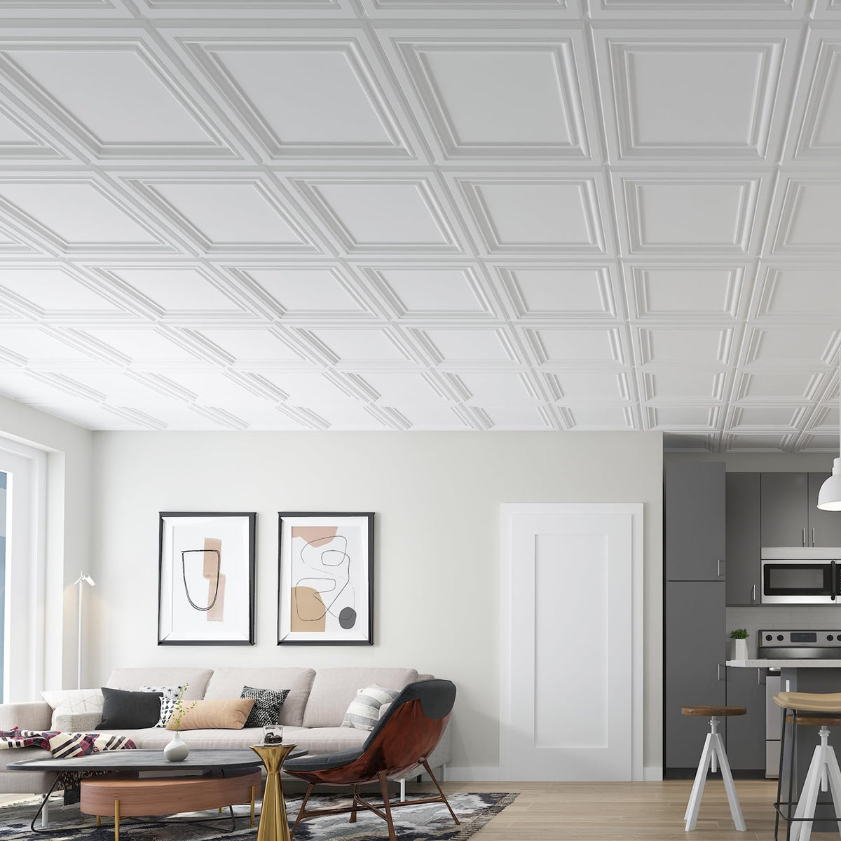 Art3d PVC ceiling tiles white side view highlighting seamless installation.