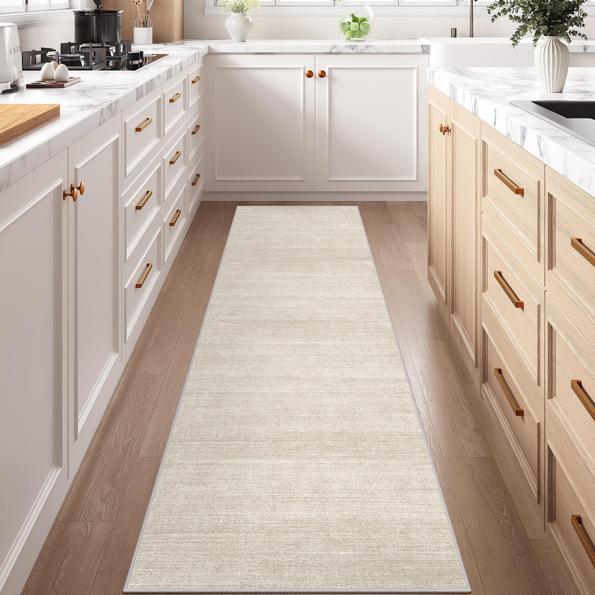 Art&Tuft beige bedside rug warm texture with slip-free mornings