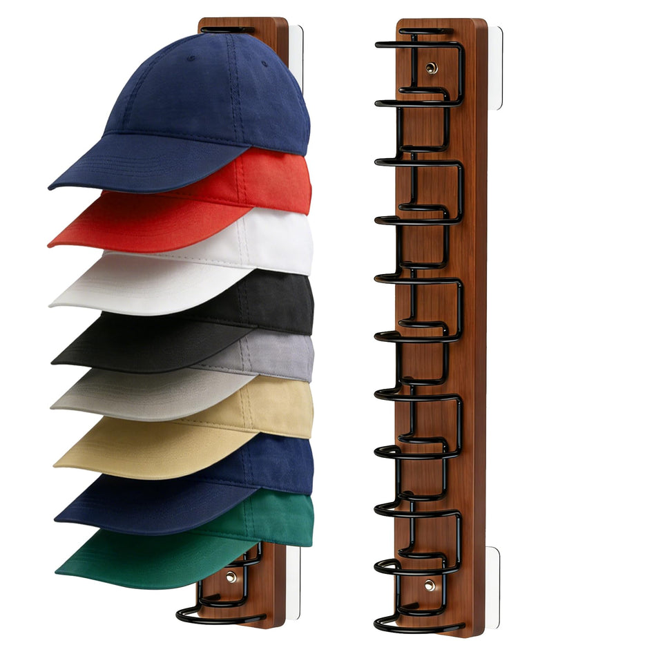 ArtCr8 hat organizer front view shows wood and metal rack holding up to 22 caps