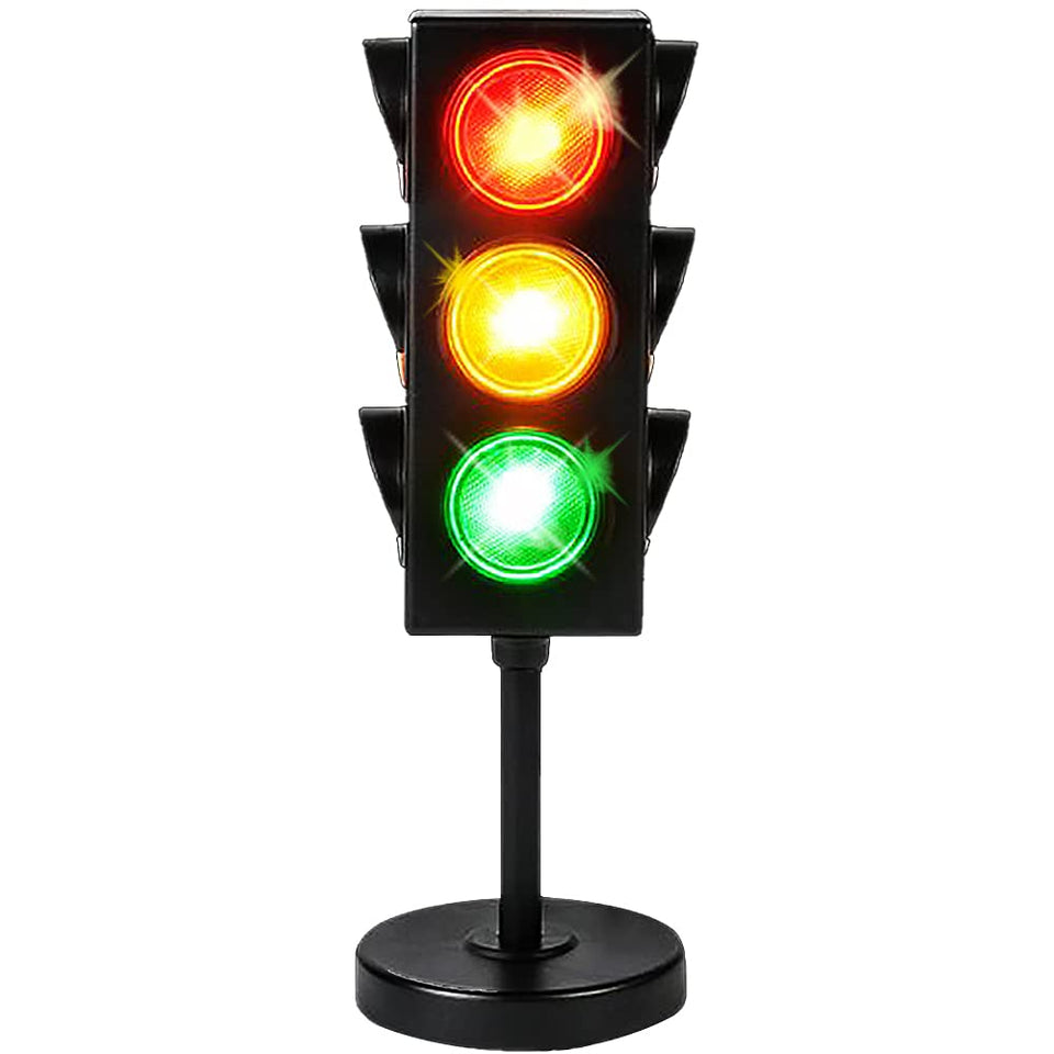 ArtCreativity traffic light table lamp in a wide shot adds playful bedside ambience.