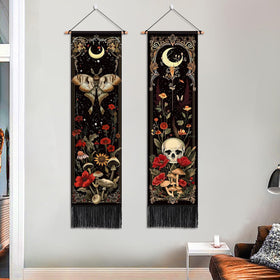 ARTCREATOR Skull and mushroom tapestry enhances a bold vertical wall focal point.