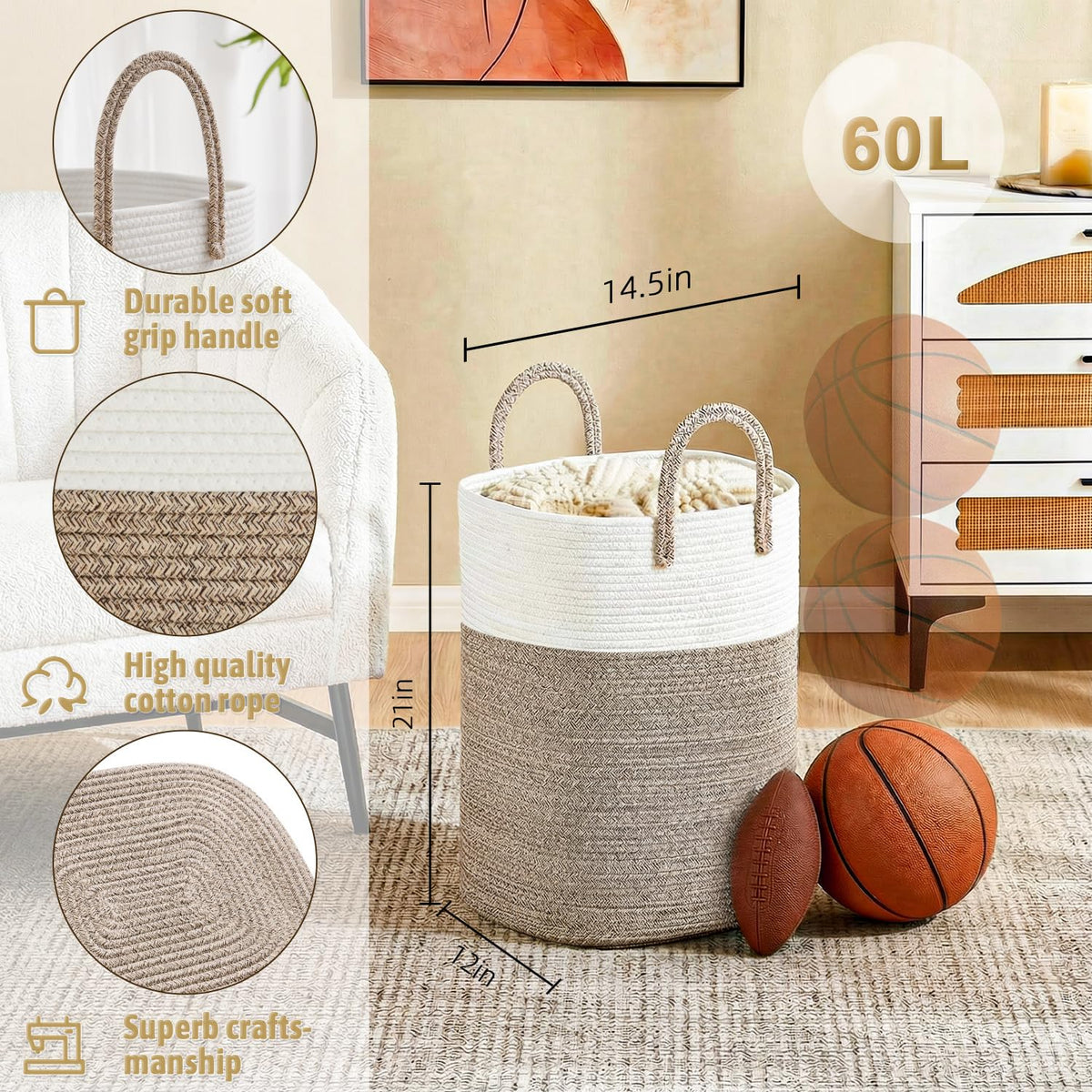 Artfeel basket with breathable cotton rope weave, keeps clothes aired and fresh.