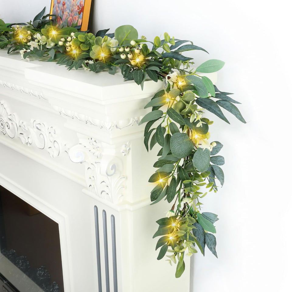Artgar Eucalyptus garland with lights adds warm ambiance to indoor or outdoor spaces.