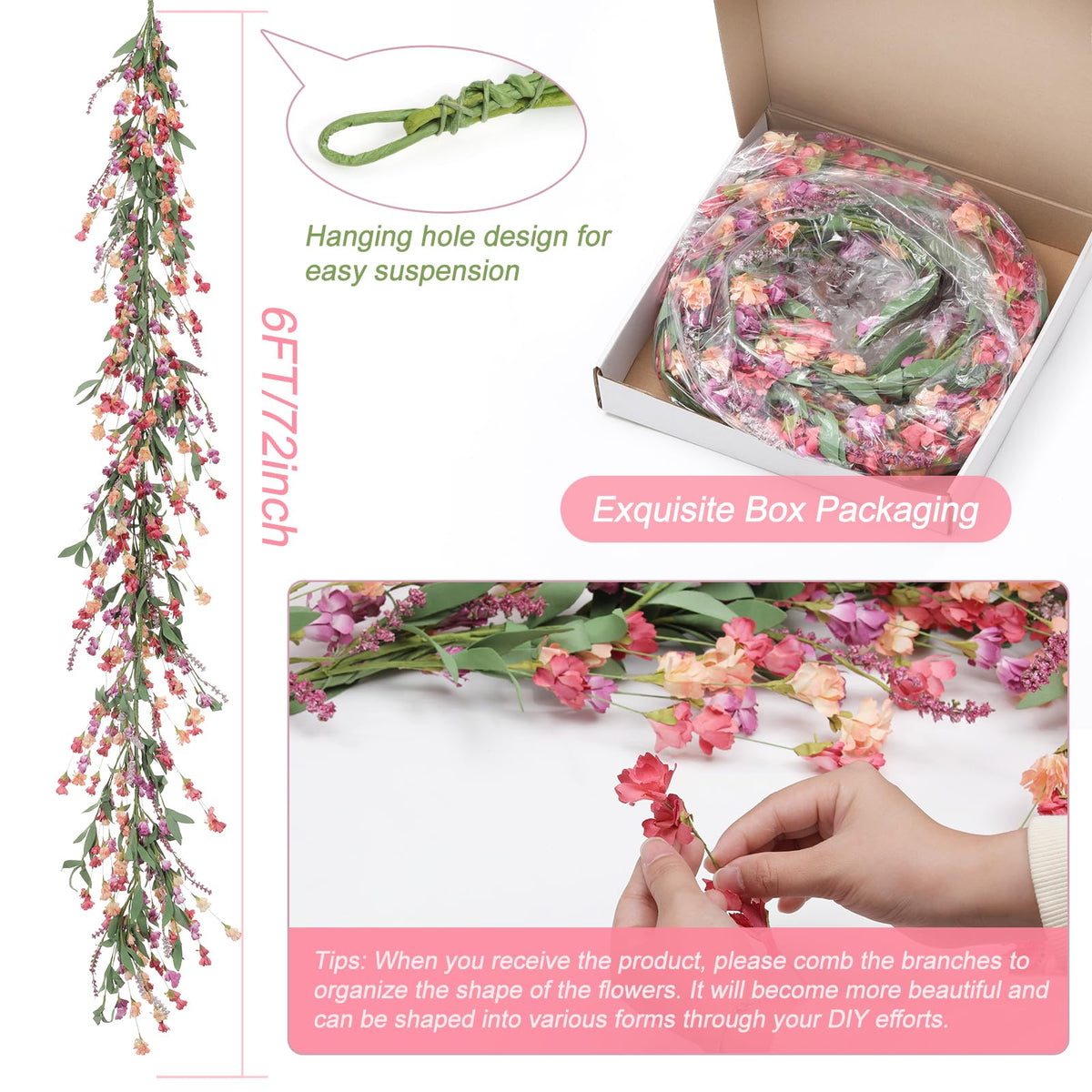 Artgar garland closeup reveals handmade texture of leaves and paper petals.
