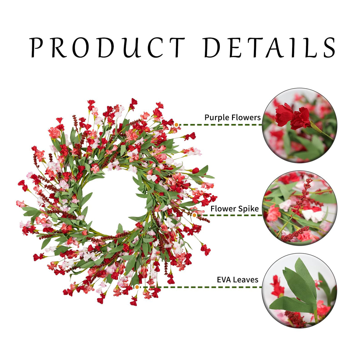Artgar wreath close-up reveals EVA leaves and paper blossoms textures for durable decor.