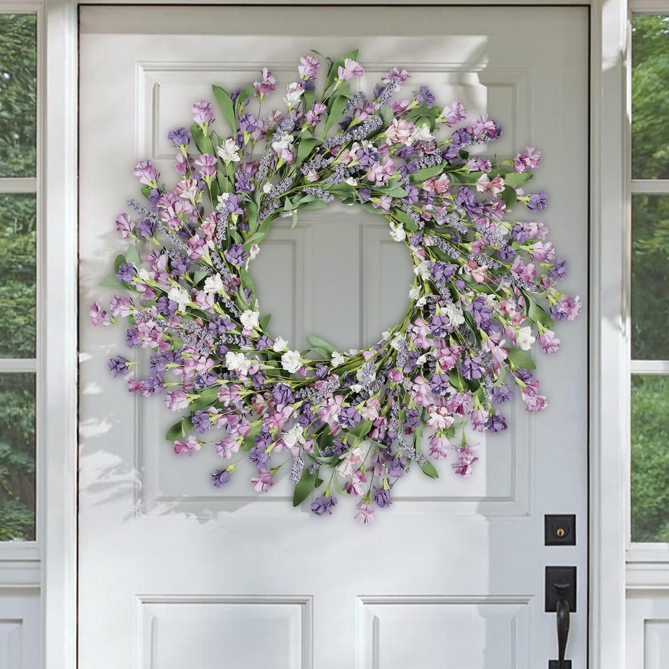 Artgar Front Door Wreath 24-Inch in purple enhances curb appeal for all seasons.