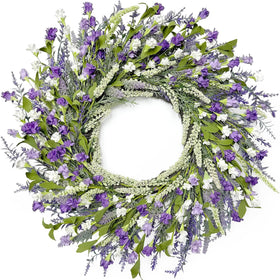 Artgar lavender wreath on front door adds seasonal curb appeal and charm.