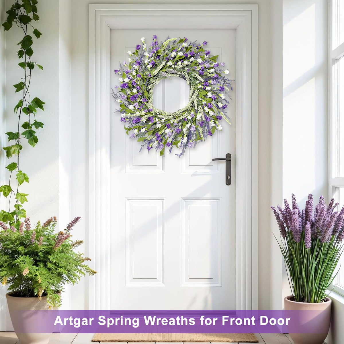 Artgar lavender wreath on porch outdoors provides durable, stylish accent.
