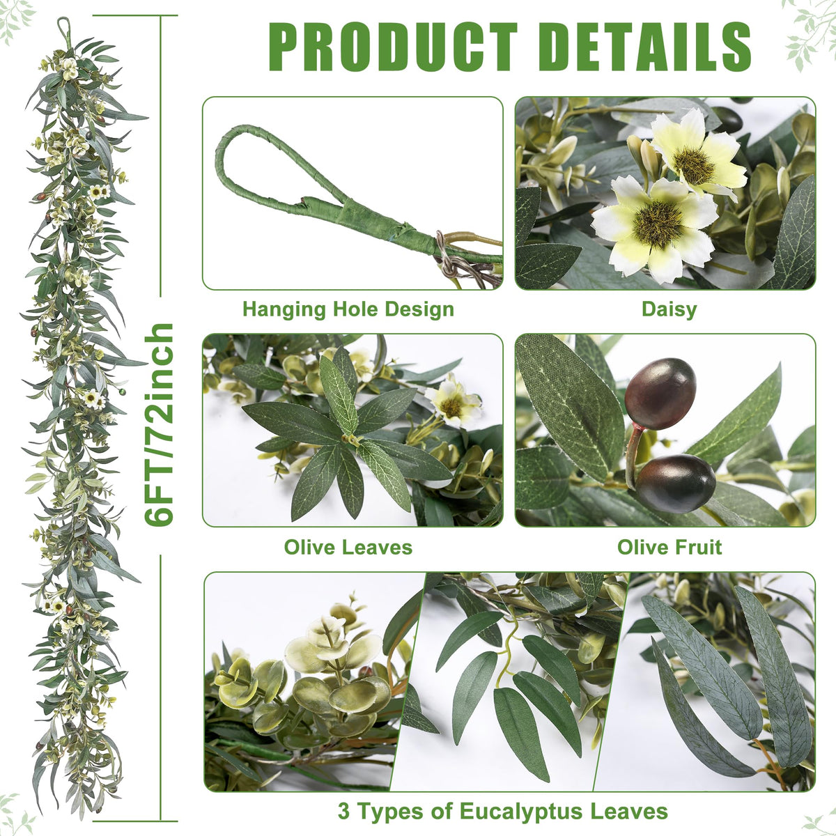 Artgar olive garland with lights highlights texture for wedding decor.