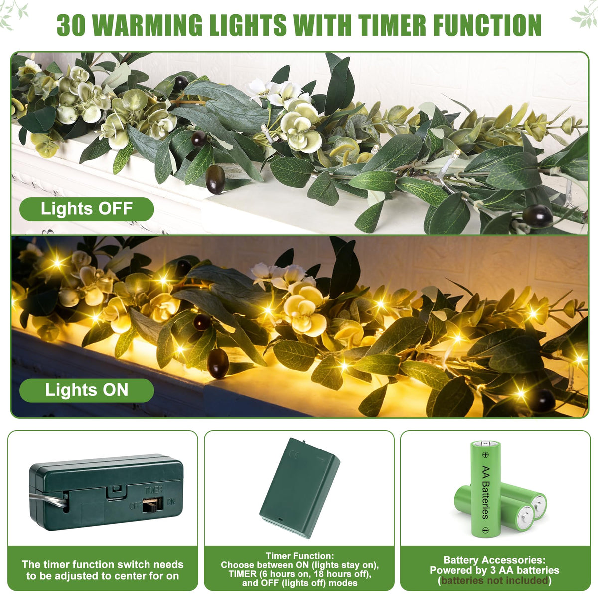 Artgar 6ft olive garland with timer lights creates ambient ambiance.