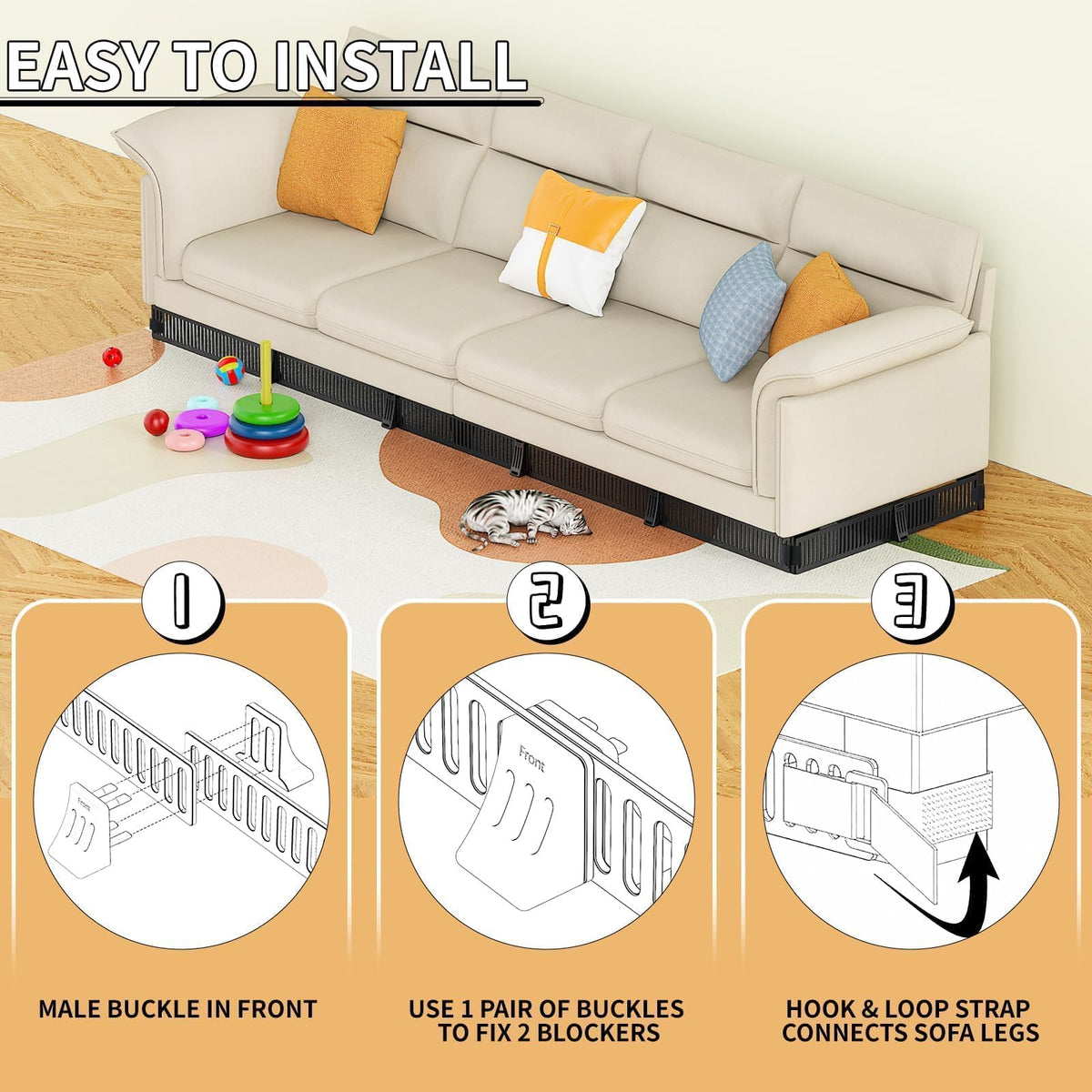 Artifino barrier in action stops pet toys from slipping under furniture.